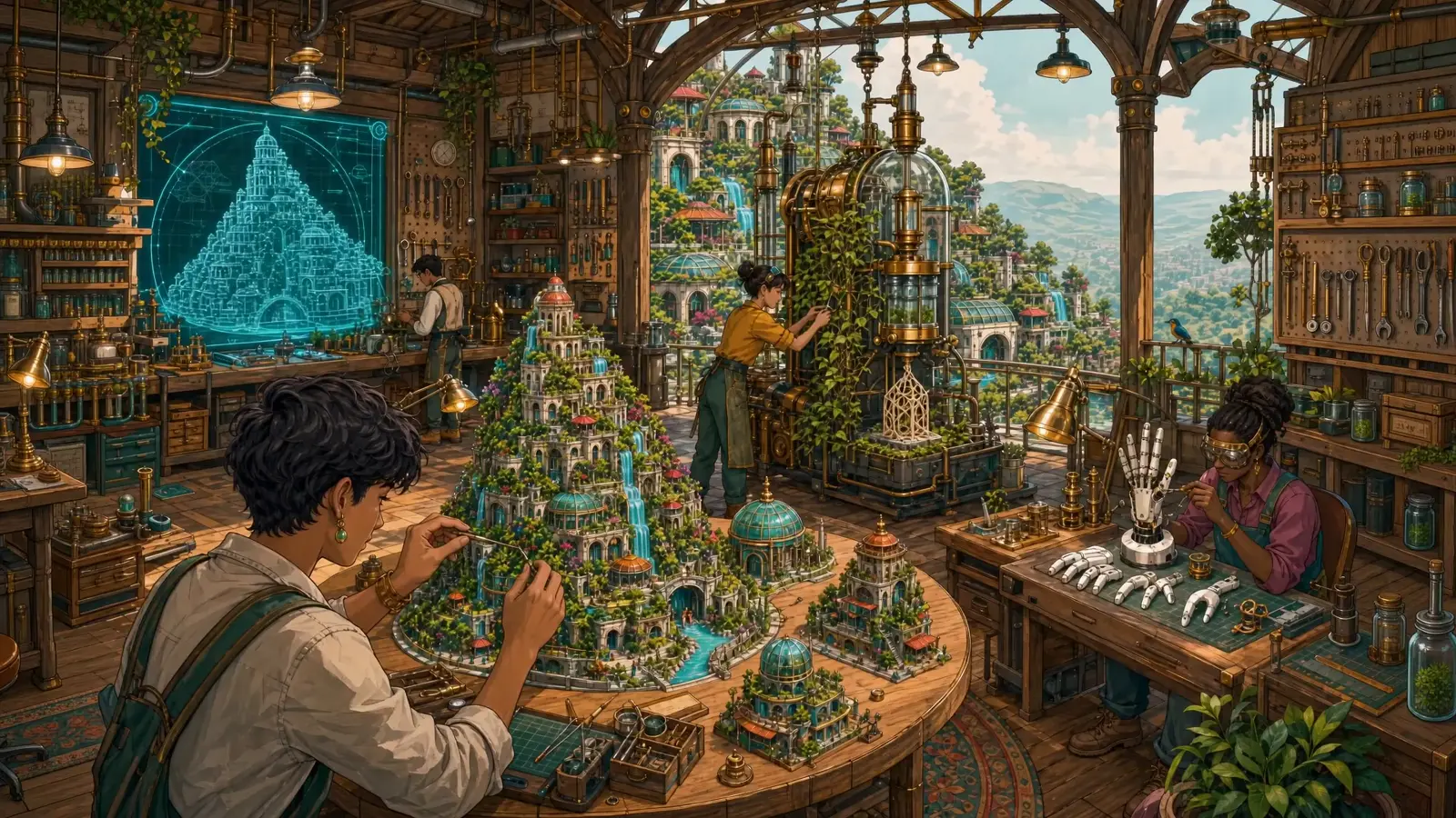 The workshop: people building a model city at a long bench