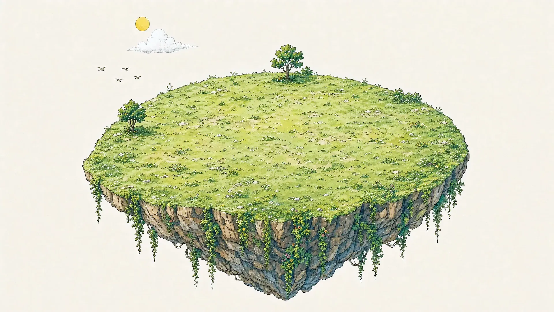 An empty grassy plot on a small floating island, waiting to be built on